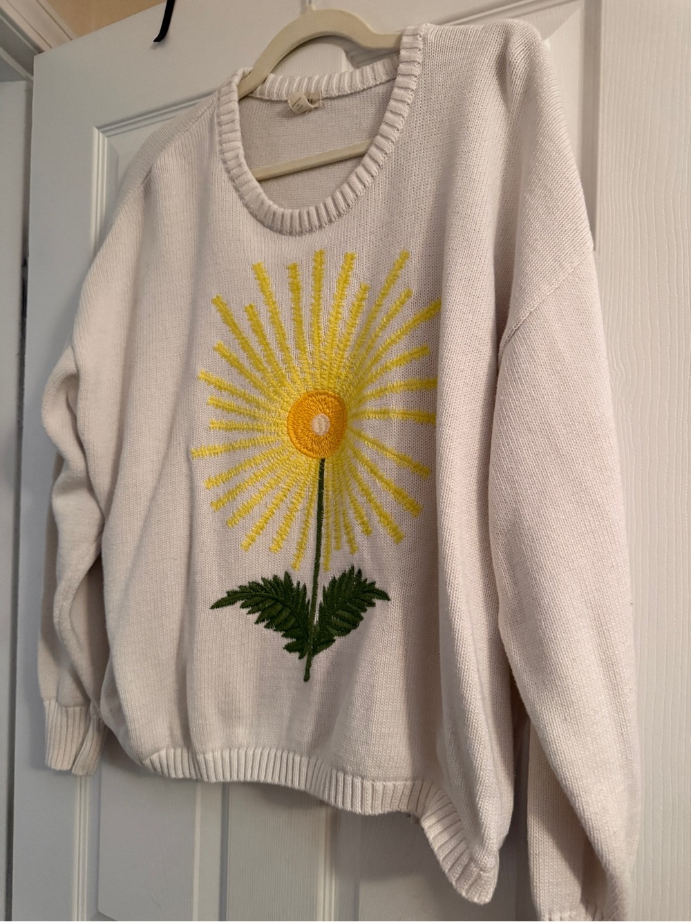 TINY Cream Floral Embroidered Crewneck Sweater - Yellow Daisy Detail XL